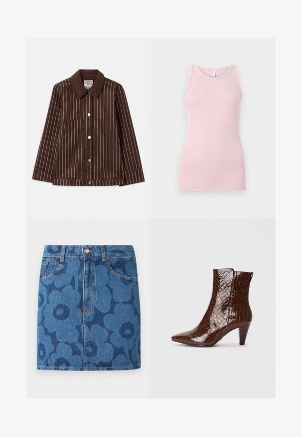 Pruunist kinkkangast jakk valgete vertikaalsete triipudega, terava kraega, esikinnitustega ja kahe suure taskuga.; Heled roosa tanki ülemus, mis on valmistatud pehmest ja elastsetest kangast. Omab ümmargust kaelust ja kitsaid õlgu, sileda tekstuuri ja kehaümberkujundavat lõiget.; Tume sinise lillemustriga teksamini seelik, ees taskud, vööaasad ja vööümber nööpkinnis.; Pruun faux krokodillinahast pahklu بوت, millel on terav nina ja kitsenev kont. Omab läikivat tekstuuri ja küljepeatuse detaili.