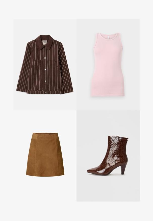 Bruine corduroyjas met witte verticale strepen, een puntige kraag, knopen aan de voorkant en twee opgestikte zakken.; Lichtroze tanktop gemaakt van zachte, rekbare stof. Heeft een ronde halslijn en smalle schouderbandjes, met een gladde textuur en een aansluitende pasvorm.; Bruine suède mini-jurk met een rechte snit, voorzien van een soepele textuur en een ritssluiting aan de achterkant. Eenvoudig ontwerp zonder extra accenten.; Bruine namaakleren enkellaarsjes met een spits toelopende neus, krokodillenstructuur en een gestapelde hak van 5 cm. Zijopening zonder zichtbare hardware.