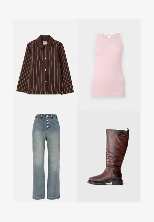 Chaqueta de pana marrón con rayas verticales blancas, cuello puntiagudo, botones delanteros y dos bolsillos de parche.; Top sin mangas de color rosa claro, hecho de una tela suave y elástica. Presenta un escote redondo y tirantes estrechos, con una textura suave y una forma ajustada.; Jeans de mezclilla anchos de color azul claro con cintura alta, cierre de cinco botones y dos bolsillos frontales. Textura suave con un ligero desvanecimiento.; Botas de cuero marrón hasta la rodilla con un diseño ligeramente caído, punta redonda y suela gruesa de goma negra texturizada. Presenta un parche con el logo.
