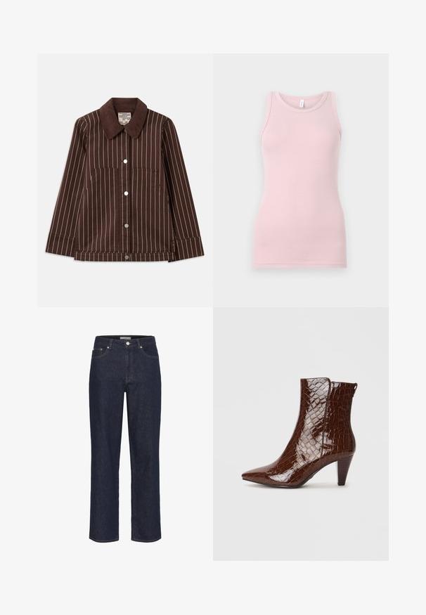 Ruskea corduroy-takki, jossa on valkoiset pystysuorat raidat, terävä kaulus, edessä napit ja kaksi läpällistä taskua.; Vaaleanpunainen tanktoppi, joka on valmistettu pehmeästä ja joustavasta kankaasta. Siinä on pyöreä pääntie ja kapeat olkaimet, sekä sileä pinta ja tyköistuva muoto.; Gestuz SUMMER WIDE - Leveälahkeiset - unwashed denim; Ruskeat tekonahkaiset nilkkurit, joissa on terävä kärki, krokotiilikuosi ja 5 cm:n paksu korko. Sivun avaus ilman näkyvää lukitusta.