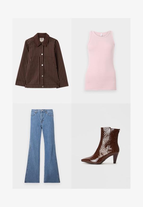 Braune Cordjacke mit weißen vertikalen Streifen, spitzem Kragen, vorderen Knöpfen und zwei aufgesetzten Taschen.; Hellrosa Tanktop aus weichem, dehnbarem Stoff. Es hat einen runden Halsausschnitt und schmale Träger, mit einer glatten Textur und einer figurbetonten Passform.; Hellblaue, ausgestellt geschnittene Jeans mit hoher Taille, die ein klassisches Fünf-Taschen-Design und Kontrastnähte entlang der Nähte aufweisen.; Braune Stiefeletten aus Kunstleder mit spitzer Zehenpartie, Krokodilstruktur und einem 5 cm hohen gestapelten Absatz. Seitlicher Verschluss ohne sichtbare Beschläge.