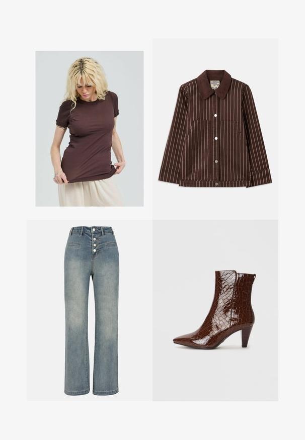 Brown corduroy jacket with white vertical stripes, pointed collar, front buttons, and two patch pockets.; Brown ribbed t-shirt with short sleeves, featuring a round neckline and gathered accents at the sleeves. Designed for a slim fit.; Light blue denim wide-leg jeans with a high waist, five-button closure, and two front pockets. Smooth texture with subtle fading.; Brown faux crocodile leather ankle boot with a pointed toe and a tapered heel. Features a glossy texture and side zipper detail.
