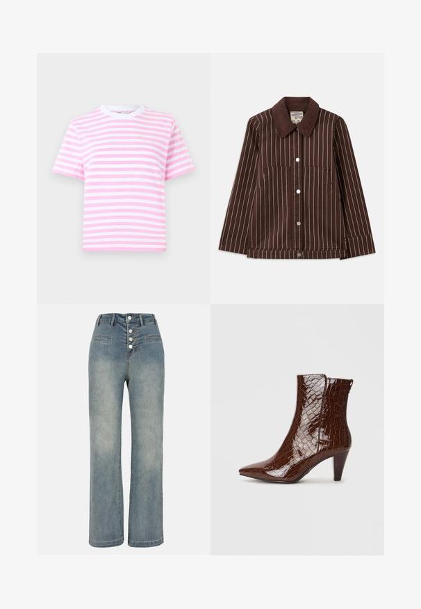 Brown corduroy jacket with white vertical stripes, pointed collar, front buttons, and two patch pockets.; Short-sleeve cropped t-shirt in pink and white vertical stripes, made of soft fabric with a round white neckline.; Light blue denim wide-leg jeans with a high waist, five-button closure, and two front pockets. Smooth texture with subtle fading.; Brown faux crocodile leather ankle boot with a pointed toe and a tapered heel. Features a glossy texture and side zipper detail.
