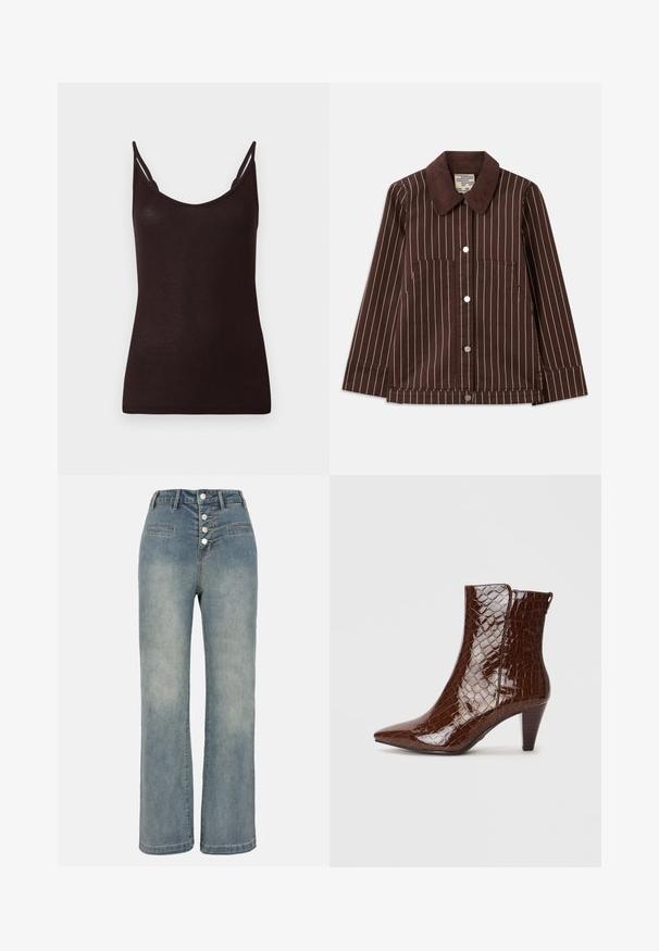 Casaco de corduroy castanho com riscas verticais brancas, colarinho pontiagudo, botões frontais e dois bolsos de chapa.; Top preto sem mangas com alças finas, textura canelada e decote em forma de U. O material parece suave e ajustado, com costuras mínimas e sem padrões.; Jeans de ganga de perna larga em azul claro com uma cintura alta, fecho de cinco botões e dois bolsos frontais. Textura suave com desvanecimento subtil.; Botim castanho de pele de crocodilo sintética, com bico fino e salto afunilado. Apresenta uma textura brilhante e detalhe de fecho lateral.