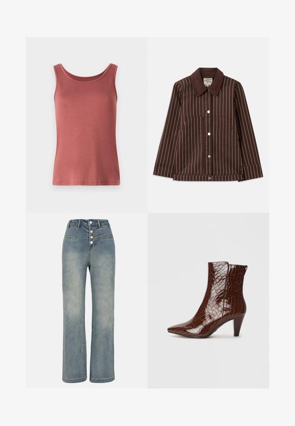 Giacca di velluto a coste marrone con strisce verticali bianche, colletto a punta, bottoni frontali e due tasche applicate.; Top in cotone rosso senza maniche con scollo rotondo e spalline larghe, caratterizzato da una superficie liscia e una silhouette aderente. Senza fantasie o decorazioni.; Jeans a gamba larga in denim blu chiaro con vita alta, chiusura a cinque bottoni e due tasche frontali. Tessuto liscio con una leggera scoloritura.; Stivaletto in pelle sintetica di coccodrillo marrone con punta affusolata e tacco stretto. Presenta una superficie lucida e un dettaglio con cerniera laterale.