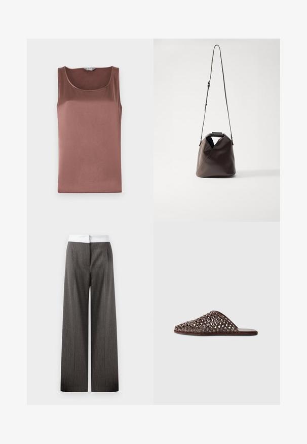 Bruine corduroyjas met witte verticale strepen, een puntige kraag, knopen aan de voorkant en twee opgestikte zakken.; Brune satijnen mouwloze top met een ronde halslijn, gladde textuur en een slim-fit ontwerp, bedoeld voor een gestroomlijnd silhouet.; Wijdvallende broek in donkergrijs met verticale streepjes. De tailleband is wit en elastisch, wat een contrasterend detail creëert.; Bruine geweven slider-sandaal met een ronde neus, open ontwerp, platte zool en een textuur. Lichtgewicht materiaal en een minimalistische silhouette.; MM6 Maison Margiela JAPANESE CROSSBODY BAG - Handtas - bracken