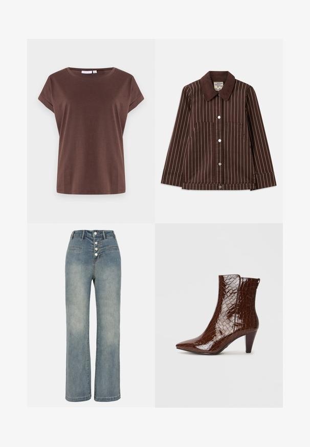 Rudas korduroy švarkas su baltais vertikaliais dryžiais, smailiu apkakle, priekiniais mygtukais ir dviem kišenėmis.; Rudas trumpas rankovėmis marškinėliai, pagaminti iš minkštos medžiagos, su apvalia iškirpte ir laisvu siluetu. Paprastas dizainas, be matomų raštų ar akcentų.; Šviesiai mėlyni džinsai plačiomis kojomis su aukštu liemeniu, penkių mygtukų uždarymu ir dviem priekinėmis kišenėmis. Lygi tekstūra su subtiliu išblukimu.; Rudos faux krokodilo odos auliniai batai su smailiu kojų pirštu ir siauru kulnu. Turi blizgią tekstūrą ir šoninio užtrauktuko detalę.