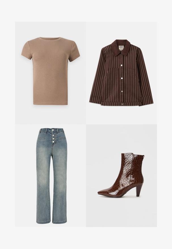 Ruskea corduroy-takki, jossa on valkoiset pystysuorat raidat, terävä kaulus, edessä napit ja kaksi läpällistä taskua.; Beige ribbattu lyhyet hihat T-paita, jossa on pyöreä pääntie ja istuva malli. Sujuva pinta, ilman koristeita tai kuvioita.; Vaaleansiniset leveät farkut korkealla vyötäröllä, viisi nappia kiinnityksessä ja kaksi etutaskua. Sileä rakenne, jossa on hienovarainen haalistuminen.; Ruskea tekokrokotiilinnahasta valmistettu nilkkabootsi, jossa on teräväkärkinen ja kapeneva korko. Ominaisuuksina kiiltävä pinta ja sivuvetoketjuyksityiskohta.