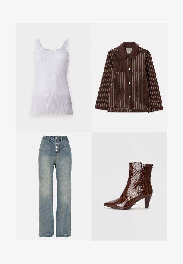 Jachetă din catifea maro cu dungi verticale albe, guler ascuțit, butoane pe față și două buzunare tip fână.; Top de damă cu bretele, de culoare lila, cu model texturat și dantelă pe marginea gâtului și pe bretele. Are o siluetă ajustată și o textură moale. Fără logo-uri vizibile.; Jeansi din denim albastru deschis, cu croială largă, talie înaltă, închidere cu cinci nasturi și două buzunare frontale. Textură netedă cu o ușoară decolorare.; Cizme ankle din piele ecologică maro cu aspect de crocodil, cu vârf ascuțit și toc conic. Prezintă o textură lucioasă și un detaliu cu fermoar lateral.