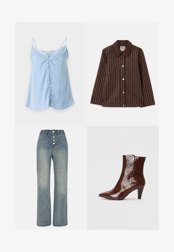 Brūna korduroja jaka ar baltajiem vertikālajiem svītrām, izgrieztu apkakli, priekšējiem pogām un divām kabatām.; Gaiši zila kamzola izgatavota no satīna ar plānām siksnītēm, mežģīņu apdare ap kakla daļu un pieci dekoratīvie pogas priekšā.; Gaiši zili džinsi ar plašu kāju griezumu un augstu jostasvietu, ar piecu pogu aizdari un divām priekšējām kabatām. Gluda tekstūra ar nelielu izbalēšanu.; Brūni mākslīgo krokodila ādas potīšu zābaki ar izliektu purngalu un šauru papēdi. Ievērojama spīdīga tekstūra un sānu rāvējslēdzis.