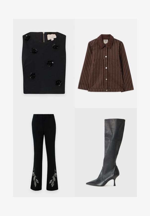 Rjava kordna jakna z belimi navpičnimi črtami, s koničastim ovratnikom, sprednjimi gumbi in dvema zakrpana žepoma.; Črn brezrokavnik z kvadratnim izrezom, ki ima aplikacije cvetov iz bleščic in zadrgo na hrbtni strani. Gladka tekstura tkanine. Velikost S.; Črne razširjene hlače z okrasnim vezenjem srebrnih listov na robu. Imajo gladko tkanino, krojen kroj in ravno sprednjo zasnovo.; Črne usnjene škornje do kolen s koničastim nosom in ozkim stiletto peto. Gladka tekstura z oblikovanim dizajnom in šivi na zgornjem robu.