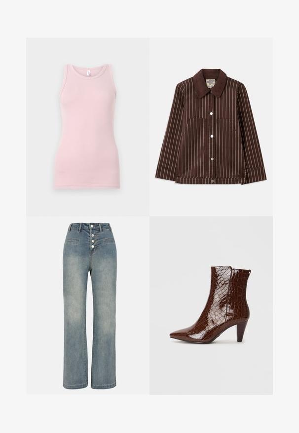 Braune Cordjacke mit weißen vertikalen Streifen, spitzem Kragen, vorderen Knöpfen und zwei aufgesetzten Taschen.; Hellrosa Tanktop aus weichem, dehnbarem Stoff. Es hat einen runden Halsausschnitt und schmale Träger, mit einer glatten Textur und einer figurbetonten Passform.; Hellblaue Denim-Jeans mit weitem Bein und hoher Taille, Fünf-Knopf-Verschluss und zwei vorderen Taschen. Glatte Textur mit subtilen Verblassungen.; Braune Fake-Krokodilleder-Ankle-Boots mit spitzer Spitze und schmalem Absatz. Verfügt über eine glänzende Oberfläche und einen seitlichen Reißverschluss.