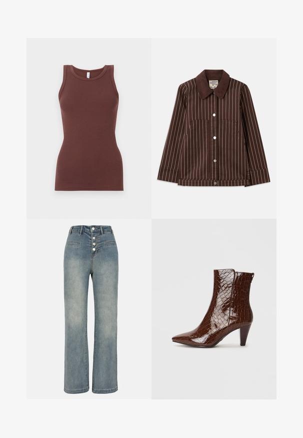 Giacca di velluto a coste marrone con strisce verticali bianche, colletto a punta, bottoni frontali e due tasche applicate.; Canotta marrone a coste con scollatura rotonda e design senza maniche. Realizzata in tessuto morbido, ha una forma aderente senza decorazioni o motivi.; Jeans a gamba larga in denim blu chiaro con vita alta, chiusura a cinque bottoni e due tasche frontali. Tessuto liscio con una leggera scoloritura.; Stivaletti alla caviglia in similpelle marrone con punta appuntita, texture effetto coccodrillo e tacco impilato di 5 cm. Apertura laterale senza ferrature visibili.