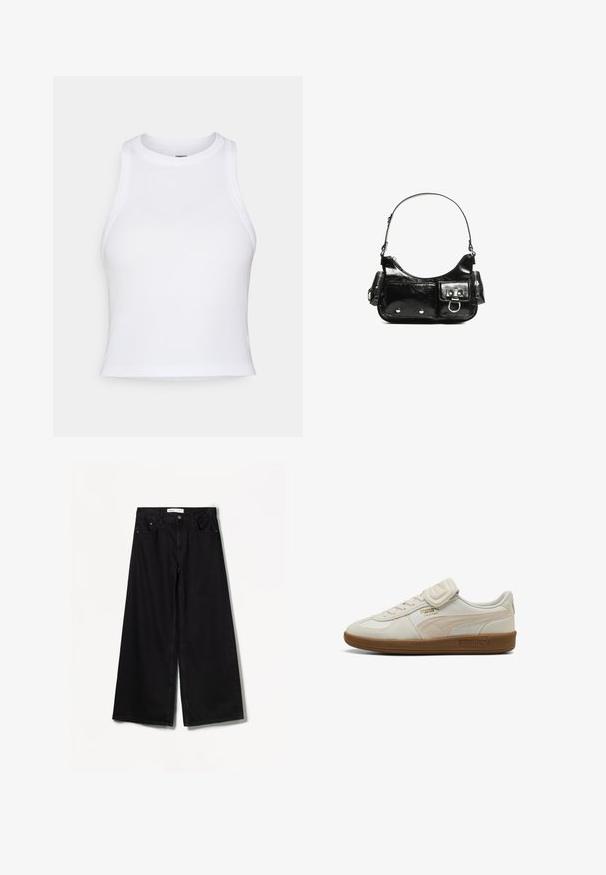 Light blue denim jacket with a cropped design, classic collar, front pockets, and button closures. Features visible stitching and a relaxed fit.; White sleeveless crop top made of smooth cotton fabric. Features a rounded neckline and fitted design, with no visible patterns or accents.; Bershka WIDE-LEG - Wide Leg - black; White leather sneaker with textured accents, rubber sole, and gold logo detail. Features laces and a velcro strap for closure.; Black patent leather handbag with a curved shape, one shoulder strap, front pockets, and silver-tone hardware accents.