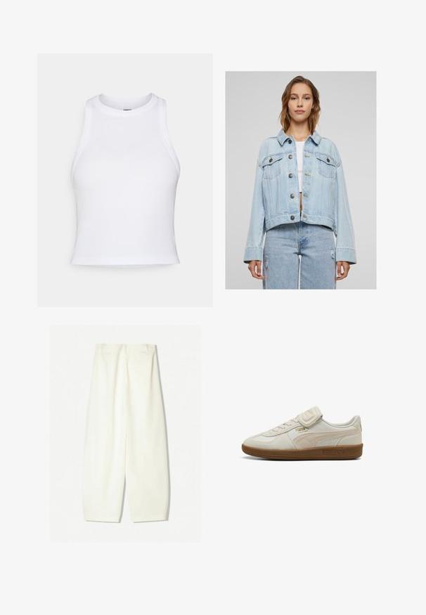 Svetlomodrá denimová bunda s krátkym strihom, klasickým golierom, prednými vreckami a gombíkovým zapínaním. Obsahuje viditeľné švy a uvoľnený strih.; Biely bezrámový crop top vyrobený z hladkej bavlnenej látky. Má zaoblený výstrih a priliehavý strih, bez viditeľných vzorov alebo akcentov.; Bavlnené nohavice s širokými nohavicami v jemnej krémovej farbe, s hladkým povrchom, prednými vreckami a voľným strihom s pásom strednej výšky.; Biele kožené tenisky s textúrovanými akcentmi, gumovou podrážkou a zlatým logom. Obsahujú šnúrky a suchý zips na uzavretie.