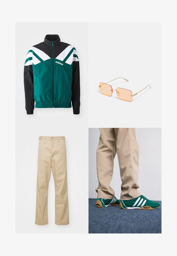 Chaqueta de cremallera en color verde azulado y negro con acentos en blanco, que presenta un cuello alto, puños elásticos y un logo en el lado izquierdo.; Camiseta de algodón azul marino de manga corta, con cuello redondo y logo bordado con acentos de laurel en el lado izquierdo del pecho.; Pantalones de algodón beige con un diseño de pata recta, que cuentan con un cierre frontal de botón, pasadores para cinturón y dos bolsillos laterales. Textura suave.; Zapatillas de deporte verdes acolchadas con rayas blancas y suelas de goma marrón, combinadas con pantalones beige. El diseño presenta un perfil bajo y material texturizado.; Gafas de sol con montura de metal dorado y lentes rectangulares de color naranja. Brazos delgados distintivos y sutiles acentos texturizados cerca de las bisagras.
