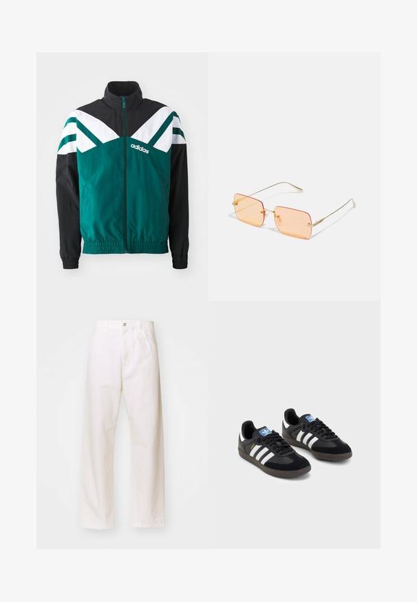 Zelena in črna jopica na zadrgo z belimi detajli, opremljena s stoječim ovratnikom, elastičnimi manšetami in logotipom na levi strani.; Temno modra bombažna majica s kratkimi rokavi, okroglim ovratnikom in vezenim logotipom z lovorovimi poudarki na levi strani prsnega koša.; Beli široke hlače iz belega bombaža z gumbom, ki vsebujejo zanke za pas in dve sprednji žepki. Gladka tekstura, klasična zasnova in ravno prileganje.; Črne športne copate z zgornjim delom iz semiša in sintetičnih materialov, ki imajo tri bele črte, teksturiran gumijast podplat in modro označevalno oznako na jeziku.; Sončna očala z zlatim kovinskim okvirjem in pravokotnimi oranžnimi lečami. Opozarjajoče tanke ročke in subtilni teksturirani dodatki v bližini šark.