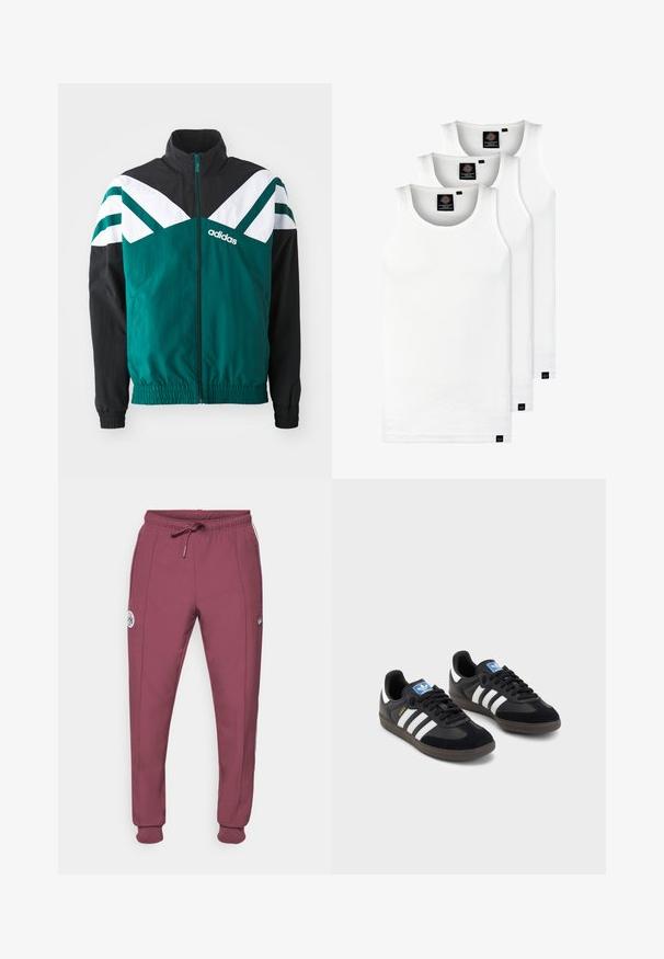 Teal og svart zip-up jakke med hvite detaljer, med høy krage, elastiske mansjetter og en logo på venstre side.; Tre hvite ribbestrikkede tank topper laget av bomull. Har en rund hals og små svarte etiketter nær kanten. Tilgjengelig i flere størrelser.; adidas Originals AJAX ICON TRACK PANT - Klubbklær - victory crimson; Svarte sneakers med overdel i semsket lær og syntetisk materiale, med tre hvite striper, strukturert gummisåle og blå logoetikett på tungen.