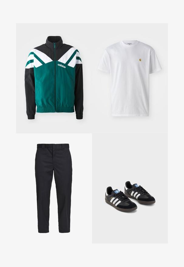 Chaqueta de cremallera en color verde azulado y negro con acentos en blanco, que presenta un cuello alto, puños elásticos y un logo en el lado izquierdo.; Camiseta de algodón blanca con mangas cortas, cuello redondo, que presenta un pequeño logo dorado en la parte izquierda del pecho. Textura suave y corte regular.; Chinos negros hechos de una tela de algodón ligera, con un corte de pierna recta, bolsillos laterales y un cierre de botón en la cintura.; Zapatillas negras con un upper de ante y sintético, con tres rayas blancas, suela de goma texturizada y etiqueta de logo azul en la lengüeta.