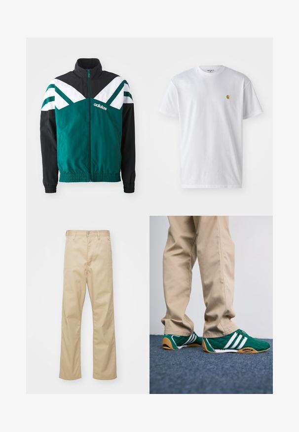 Tyrkis og sort zip-up jakke med hvide detaljer, der har en stående krave, elastiske manchetter og et logo på venstre side.; Hvid bomulds t-shirt med korte ærmer, rund hals og et lille guld logo på venstre brystområde. Blød tekstur og almindelig pasform.; Beige bomuldsbukser med lige ben, der har en frontlukning med knap, bæltestropper og to sidelommer. Glat tekstur.; Grønne quiltede sneakers med hvide striber og brune gummisåler, parret med beige bukser. Designet har en lav profil og tekstureret materiale.