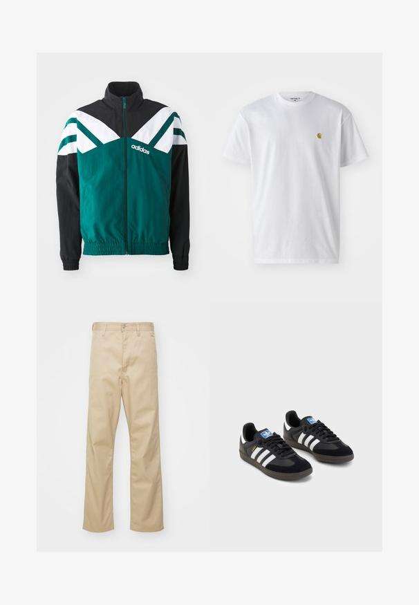 Türkisfarbene und schwarze Zip-Jacke mit weißen Akzenten, ausgestattet mit einem Stehkragen, elastischen Bündchen und einem Logo auf der linken Seite.; Weißes Baumwoll-T-Shirt mit kurzen Ärmeln, Rundhalsausschnitt, mit einem kleinen goldenen Logo im linken Brustbereich. Weicher Stoff und normale Passform.; Beige Baumwollhose mit geradem Bein, ausgestattet mit einem Knopfverschluss vorne, Gürtelschlaufen und zwei Seitentaschen. Glatte Textur.; Schwarze Sneaker mit einem Obermaterial aus Wildleder und Synthetik, ausgestattet mit drei weißen Streifen, einer strukturierten Gummi-Sohle und einem blauen Logo-Tag auf der Zunge.