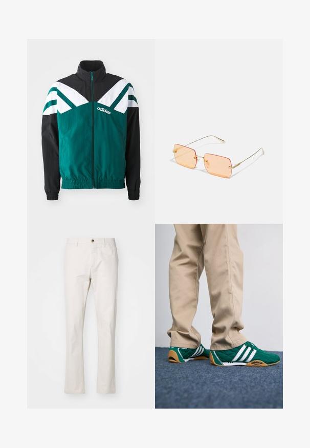 Teal ja must zip-up jakki valgete aktsentidega, millel on püstine krae, elastsed mansetid ja logo vasakul küljel.; Valkoinen puuvillapaita lyhyillä hihoilla, pyöreä kaula-aukko, jossa on pieni kultainen logo vasemmassa rintapielessä. Pehmeä kangas ja normaali istuvuus.; Beige puuvillasegu püksid otse lõikega, millel on ees nööp sulgur, vöökohal silmused ja minimalistlik disain. Sile tekstuur.; Vihreät tikatut tennarit, joissa on valkoiset raidat ja ruskeat kumipohjat, yhdistettynä beigeihin housuihin. Suunnittelussa on matala profiili ja teksuroitu materiaali.; Kultaiset metallikehyksiset aurinkolasit suorakulmaisilla oranssilla sävytetyillä linsseillä. Eroavaisuutena ohut kehys ja huomaamattomat tekstuurikorostukset saranoiden lähellä.
