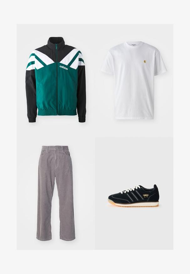 Türkisfarbene und schwarze Zip-Jacke mit weißen Akzenten, ausgestattet mit einem Stehkragen, elastischen Bündchen und einem Logo auf der linken Seite.; Weißes Baumwoll-T-Shirt mit kurzen Ärmeln, Rundhalsausschnitt, mit einem kleinen goldenen Logo im linken Brustbereich. Weicher Stoff und normale Passform.; Grau Rippcordhosen mit weitem Bein, vertikalen Rippungen, einem Knopfverschluss und zwei Fronttaschen.; Schwarze Wildleder-Sneaker mit weißen Schnürsenkeln, drei weißen Streifen an der Seite, strukturierten Akzenten und einer Gummisohle mit einem leicht orangefarbenen Schimmer.