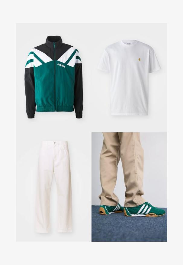 Tyrkis og sort zip-up jakke med hvide detaljer, der har en stående krave, elastiske manchetter og et logo på venstre side.; Hvid bomulds t-shirt med korte ærmer, rund hals og et lille guld logo på venstre brystområde. Blød tekstur og almindelig pasform.; Hvide bomulds bukser med bred ben, der har knaplukning, bæltestropper og to forlommer. Glat tekstur, klassisk design og lige pasform.; Grønne quiltede sneakers med hvide striber og brune gummisåler, parret med beige bukser. Designet har en lav profil og tekstureret materiale.