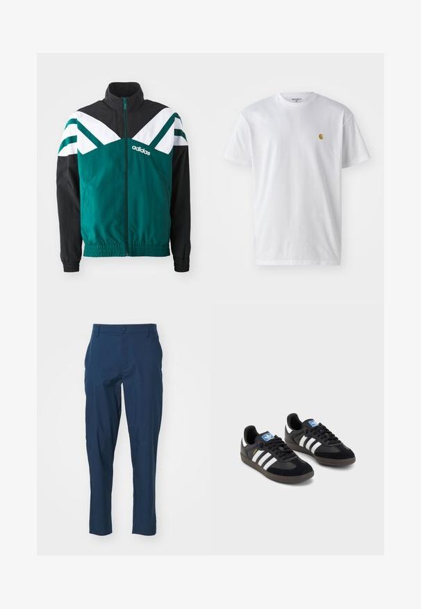 Zelena in črna jopica na zadrgo z belimi detajli, opremljena s stoječim ovratnikom, elastičnimi manšetami in logotipom na levi strani.; Bela bombažna majica s kratkimi rokavi, krožnim ovratnikom, z majhnim zlatim logotipom na levem prsnem predelu. Mehka tekstura in običajen kroj.; Mornarsko modri hlače iz gladkega materiala, ožjega kroja, sprednjimi žepi in z enim gumbom na pasu. Brez vidnih vzorcev.; Črne športne copate z zgornjim delom iz semiša in sintetičnih materialov, ki imajo tri bele črte, teksturiran gumijast podplat in modro označevalno oznako na jeziku.