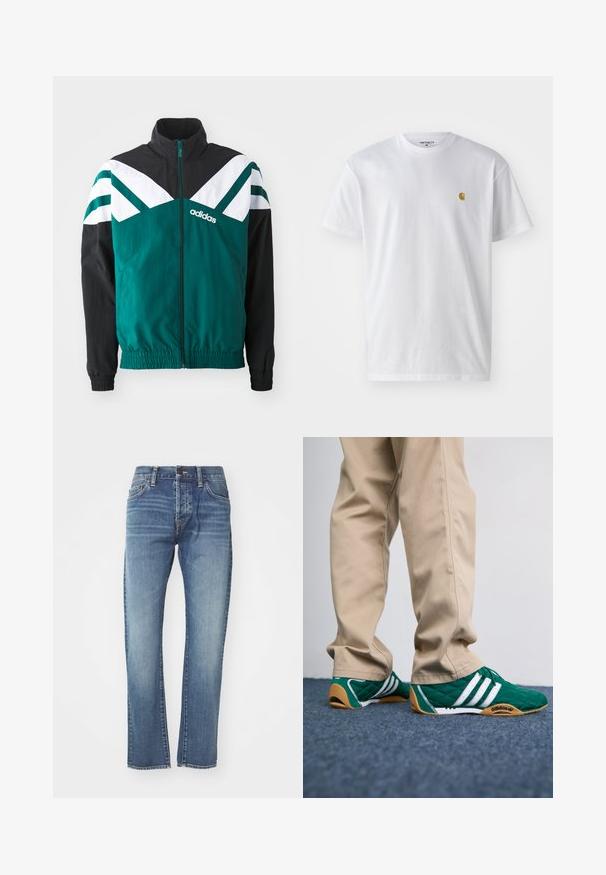Chaqueta de cremallera en color verde azulado y negro con acentos en blanco, que presenta un cuello alto, puños elásticos y un logo en el lado izquierdo.; Camiseta de algodón blanca con mangas cortas, cuello redondo, que presenta un pequeño logo dorado en la parte izquierda del pecho. Textura suave y corte regular.; Vaqueros de mezclilla azul con corte recto, que presentan un lavado medio, cinco bolsillos y un ligero desgastado. Incluyen una cintura clásica y trabillas para cinturón.; Zapatillas de deporte verdes acolchadas con rayas blancas y suelas de goma marrón, combinadas con pantalones beige. El diseño presenta un perfil bajo y material texturizado.
