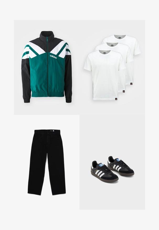 Türkisfarbene und schwarze Zip-Jacke mit weißen Akzenten, ausgestattet mit einem Stehkragen, elastischen Bündchen und einem Logo auf der linken Seite.; Drei schlichte weiße Baumwoll-T-Shirts mit kurzen Ärmeln. Jedes Shirt hat einen runden Ausschnitt und ein kleines schwarzes Logotipo auf der linken Seite.; Schwarze Baumwolljeans im Straight-Leg-Stil mit Knopfverschluss, fünf Taschen und glatter Textur. Das Etikett im Inneren des Bundes zeigt die Größe 32.; Schwarze Sneaker mit einem Obermaterial aus Wildleder und Synthetik, ausgestattet mit drei weißen Streifen, einer strukturierten Gummi-Sohle und einem blauen Logo-Tag auf der Zunge.