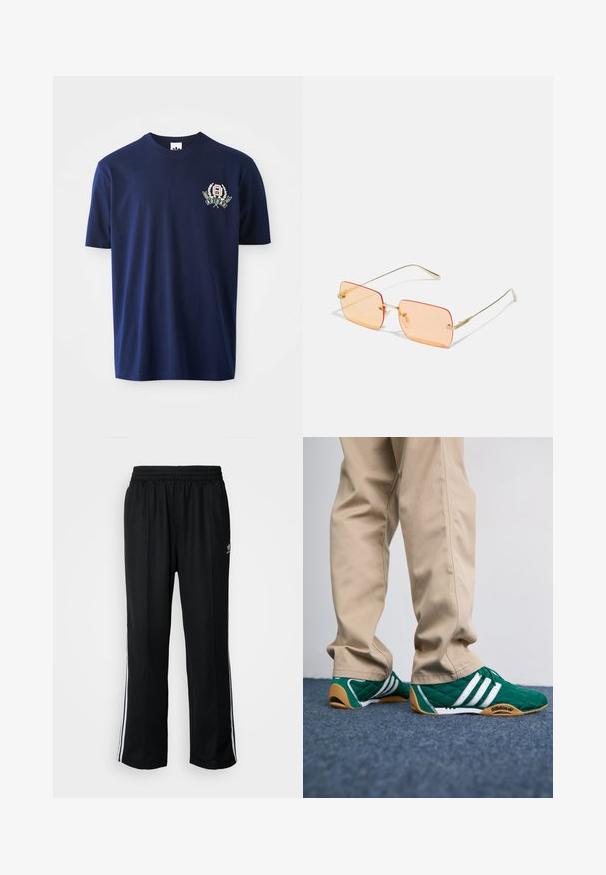 Žaliai juodas zip-up džemperis su baltais akcentais, pasižymintis stovinčia apykakle, elastingomis rankovėmis ir logotipu kairėje pusėje.; Jūros mėlynos spalvos medvilnės marškinėliai trumpomis rankovėmis, su apvaliu iškirpimu ir siuvinėtu logotipu, kuriame yra lauro akcentai kairėje krūtinės pusėje.; Juodi sportiniai keliai su elastingu juosmeniu, su baltais šonais ir mažu logotipu. Atrodo, kad medžiaga yra minkšta ir lengva.; Žalios siūtos sportbačiai su baltais dryžiais ir rudomis guminėmis padais, derinami su smėlio spalvos kelnėmis. Dizainas pasižymi žemu profiliu ir tekstūruota medžiaga.; Auksiniai metaliniai akinių rėmeliai su stačiakampiais oranžiniais lęšiais. Išskirtinai plonos šakos ir subtilūs tekstūriniai akcentai šalia vyrių.