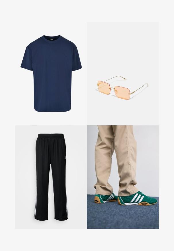 Jachetă crem și neagră cu fermoar, cu accente albe, având un guler înalt, manșete elastice și un logo pe partea stângă.; Tricou din bumbac bleumarin, cu guler rotund și mâneci scurte. Textură fină și o croială lejeră, potrivit pentru îmbrăcăminte casuală.; Pantaloni atletici negri cu talie elastică, având dungi albe pe laterale și un mic logo. Materialul pare moale și ușor.; Tenisi verzi matlasati cu dungi albe si talpi de cauciuc maro, asortati cu pantaloni bej. Designul prezinta un profil scazut si un material texturat.; Ochelari de soare cu ramă din metal auriu și lentile dreptunghiulare cu nuanță portocalie. Brațe distinctive subțiri și accente texturate subtile lângă balamale.