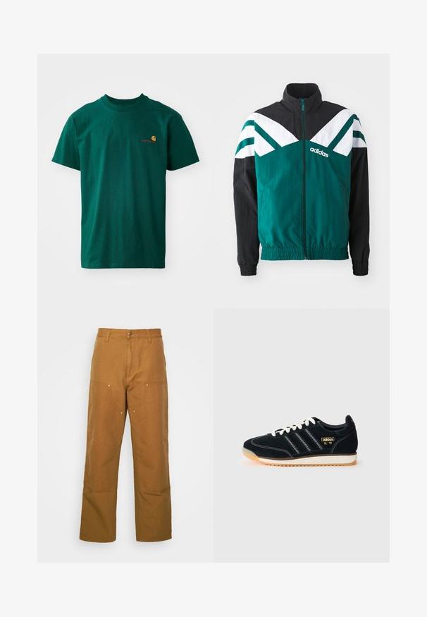 Teal ja must zip-up jakki valgete aktsentidega, millel on püstine krae, elastsed mansetid ja logo vasakul küljel.; Vihreä puuvillapaita, jossa on pyöreä kaula-aukko ja lyhyet hihat. Paidassa on pieni, kontrastoiva logo oranssina ja punaisena vasemmassa rintakapassa.; Ruske puuvillased utiliitpüksid sirge jala lõikega, millel on ees taskud ja metallist detailid lisakestvuse tagamiseks.; Mustat mokkanahkakenkävalkoisilla nauhoilla, joissa on kolme valkoista raitaa sivussa, teksturoitua yksityiskohtaa ja kumipohja, joka on hieman oranssihtava.