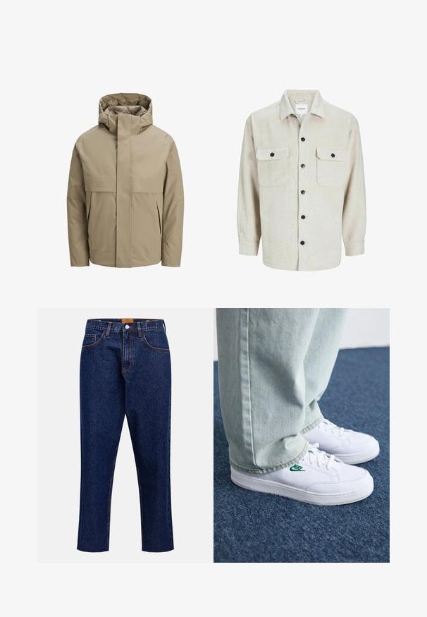Beige waterproof jacket with a hood, featuring a front zipper, large flap pockets, and a minimalist design. Smooth texture and modern cut.; Beige flannel shirt with a collared neckline, featuring two chest pockets, black buttons, and long sleeves with buttoned cuffs.; Dark blue denim jeans with a straight cut, high waist, five pockets, and frayed hem. Contrast stitching and button closure detail.; White leather sneakers with green Nike logo, round toe, flat sole, paired with light blue denim pants, shown on a blue carpet.