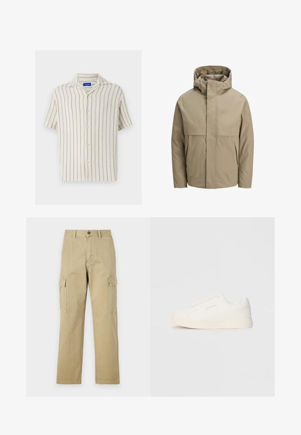Beige waterproof jacket with a hood, featuring a front zipper, large flap pockets, and a minimalist design. Smooth texture and modern cut.; Short-sleeve shirt in cream with fine vertical stripes. Features a button-down front and a classic collar, crafted from textured fabric.; Beige cargo pants made of cotton, featuring two side pockets, a button closure, and straight legs with a slightly textured fabric.; White slip-on sneakers with a textured surface, a thick sole, and minimalistic design. Features brand logo on the side.