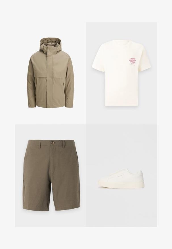 Smėlio spalvos neperšlampama striukė su gaubtu, priekyje užtrauktuku, didelėmis kišenėmis su atvartais ir minimalistiniu dizainu. Lygi tekstūra ir modernus kirpimas.; Balta trumpa rankovėmis marškinėliai su raudonu užrašu "Studio Originals Edition" kairiajame krūtinės šone, rodomi neutralioje pilkoje aplinkoje.; Alyvuogiu žaliai šortai pagaminti iš tekstūruotos medžiagos, su mygtuko uždarymu ir tiesia priekiu, su šoninėmis kišenėmis funkcionalumui.; Baltos slip-on sportbačiai su tekstūruota paviršiumi, storesniu padu ir minimalistišku dizainu. Šone matosi prekės ženklo logotipas.