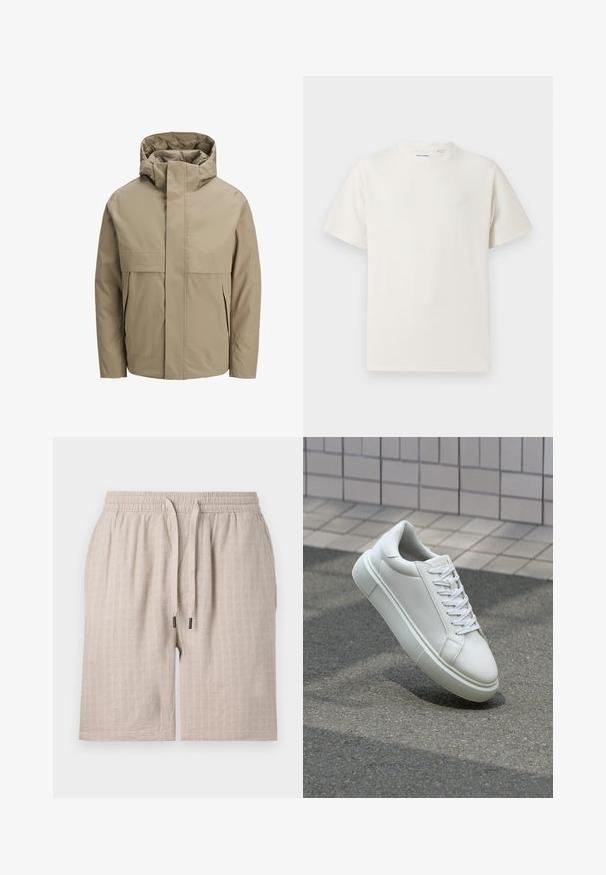Beige vandtæt jakke med hætte, forsynet med en frontlynlås, store lommelåg og et minimalistisk design. Glat tekstur og moderne snit.; Hvid kortærmet T-shirt i ribbet tekstur. Rund halsudskæring, løs pasform, ingen synlige mønstre eller accenter. Enkel og alsidig design.; Beige, strukturerede shorts med elastisk talje og snore. Har et subtilt ternet mønster og løs pasform. Ingen lommer synlige.; Hvide lædersneakers med en glat overflade, rund tå og flade hvide snørebånd. Har en tekstureret gummisål og minimalt design.