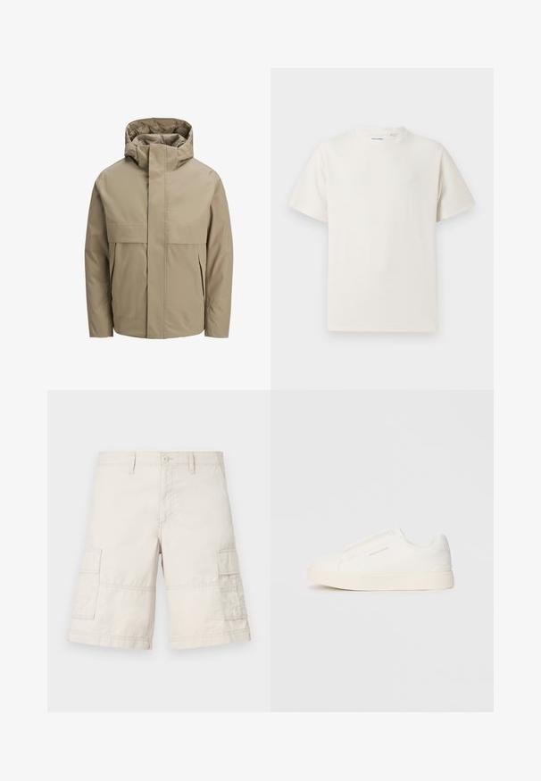 Beige waterproof jacket with a hood, featuring a front zipper, large flap pockets, and a minimalist design. Smooth texture and modern cut.; White short-sleeve T-shirt in a ribbed texture. Round neckline, relaxed fit, no visible patterns or accents. Simple and versatile design.; Beige cargo shorts made from lightweight cotton, featuring two side pockets, a front button closure, and stitch detailing.; White slip-on sneakers with a textured surface, a thick sole, and minimalistic design. Features brand logo on the side.