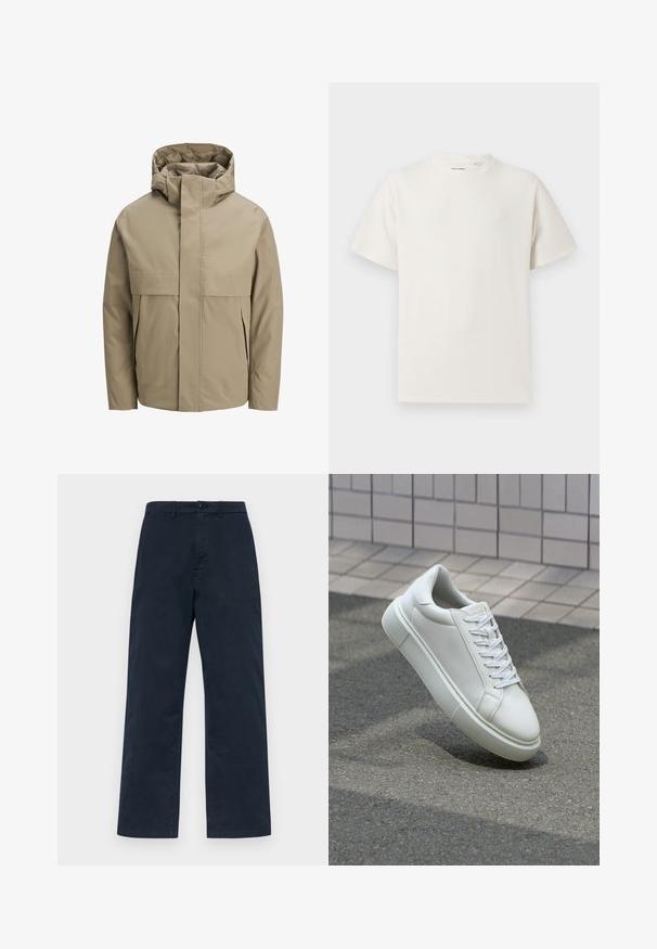 Beżowa wodoodporna kurtka z kapturem, z przednim zamkiem błyskawicznym, dużymi kieszeniami z patkami i minimalistycznym designem. Gładka faktura i nowoczesny krój.; Biała krótka koszulka z krótkim rękawem o żebrowanej fakturze. Okrągły dekolt, luźny krój, brak widocznych wzorów lub akcentów. Prosty i uniwersalny design.; Granatowe bawełniane spodnie z prostymi nogawkami, z zapięciem na guziki z przodu oraz szlufkami na pasek. Prosty, jednolity materiał bez wzorów.; Białe skórzane trampki z gładką powierzchnią, okrągłym noskiem i płaskimi białymi sznurowadłami. Posiadają teksturowaną gumową podeszwę oraz minimalistyczne elementy projektowe.