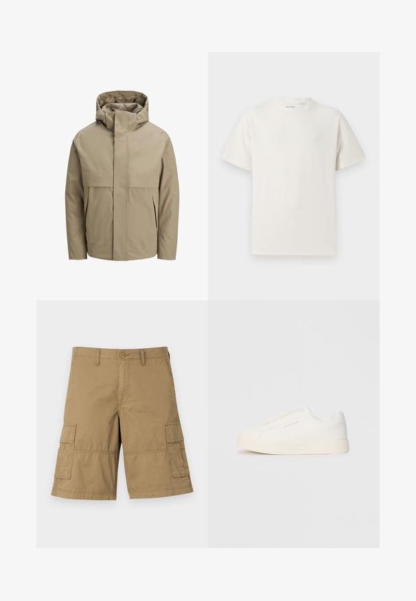 Veste imperméable beige avec capuche, dotée d'une fermeture éclair frontale, de grandes poches à rabat et d'un design minimaliste. Texture lisse et coupe moderne.; T-shirt blanc à manches courtes en texture côtelée. Encolure ronde, coupe décontractée, sans motifs ni accents visibles. Design simple et polyvalent.; Shorts cargo en tissu kaki avec une coupe droite, dotés de deux poches latérales et d'une fermeture à bouton à la taille. Texture lisse sur l'ensemble.; Baskets blanches sans lacets avec une surface texturée, une semelle épaisse et un design minimaliste. Présente le logo de la marque sur le côté.