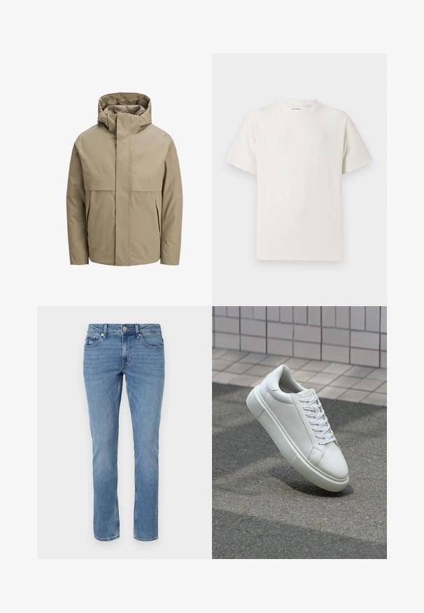 Béžová nepromokavá bunda s kapucí, se zapínáním na přední zip, velkými klopovými kapsami a minimalistickým designem. Hladká textura a moderní střih.; Bílý krátký rukáv tričko s pružnou strukturou. Kulatý výstřih, volný střih, bez viditelných vzorů nebo detailů. Jednoduchý a univerzální design.; Modré džíny s rovnými nohavicemi, předními kapsami, poutky na opasek a zapínáním na knoflík.; Bílé kožené tenisky s hladkým povrchem, kulatou špičkou a plochými bílými tkaničkami. Disponují texturovanou gumovou podrážkou a minimálními designovými prvky.