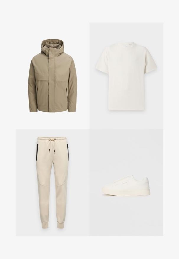 Beige vattentät jacka med huva, utrustad med dragkedja framtill, stora fickor med fickklaff och en minimalistisk design. Slät textur och modern skärning.; Vit t-shirt med kort ärm i ribbad struktur. Rund halsringning, löst sittande passform, inga synliga mönster eller detaljer. Enkelt och mångsidigt design.; Ljust beige sweatpants med dragsko i midjan, sidoglipe och smalnande manschetter med texturerade detaljer på sidopanelerna.; Vita slip-on sneakers med en texturerad yta, en tjock sula och minimalistisk design. Har varumärkeslogotypen på sidan.