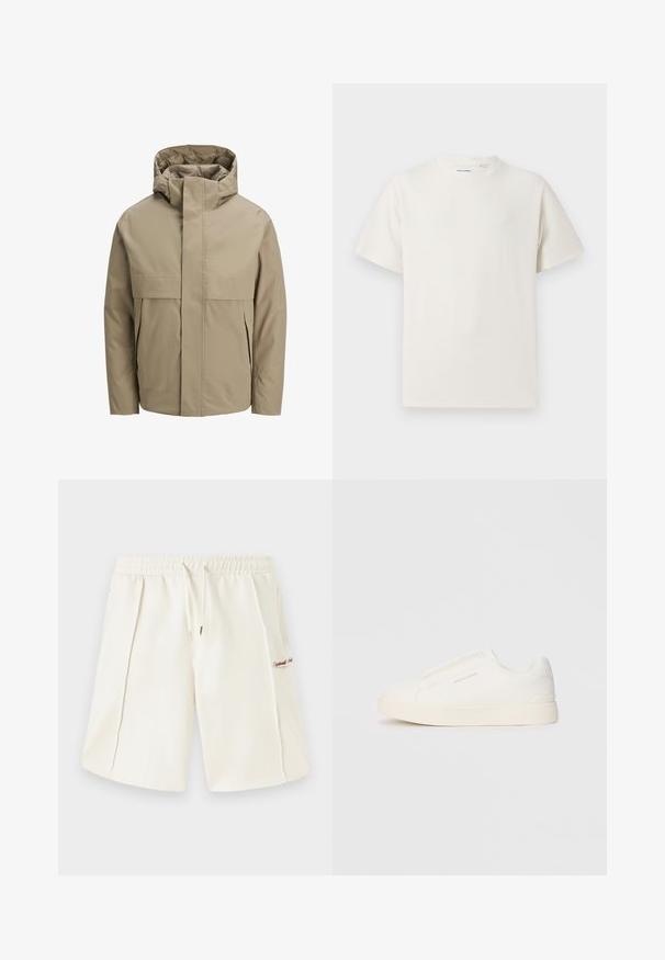 Beige waterproof jacket with a hood, featuring a front zipper, large flap pockets, and a minimalist design. Smooth texture and modern cut.; White short-sleeve T-shirt in a ribbed texture. Round neckline, relaxed fit, no visible patterns or accents. Simple and versatile design.; Cream-colored shorts made from soft fabric, featuring an elastic waistband, drawstring, side pockets, and a small red logo detail on the side.; White slip-on sneakers with a textured surface, a thick sole, and minimalistic design. Features brand logo on the side.