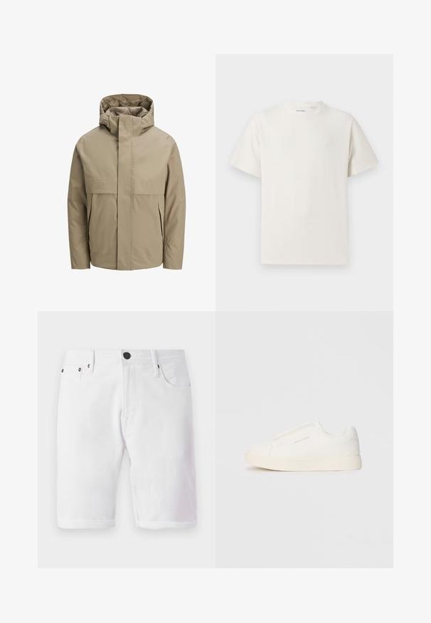 Beige waterproof jacket with a hood, featuring a front zipper, large flap pockets, and a minimalist design. Smooth texture and modern cut.; White short-sleeve T-shirt in a ribbed texture. Round neckline, relaxed fit, no visible patterns or accents. Simple and versatile design.; White denim shorts with a button closure, five-pocket design, and rolled hem. Smooth texture with metal accents on pockets.; White slip-on sneakers with a textured surface, a thick sole, and minimalistic design. Features brand logo on the side.