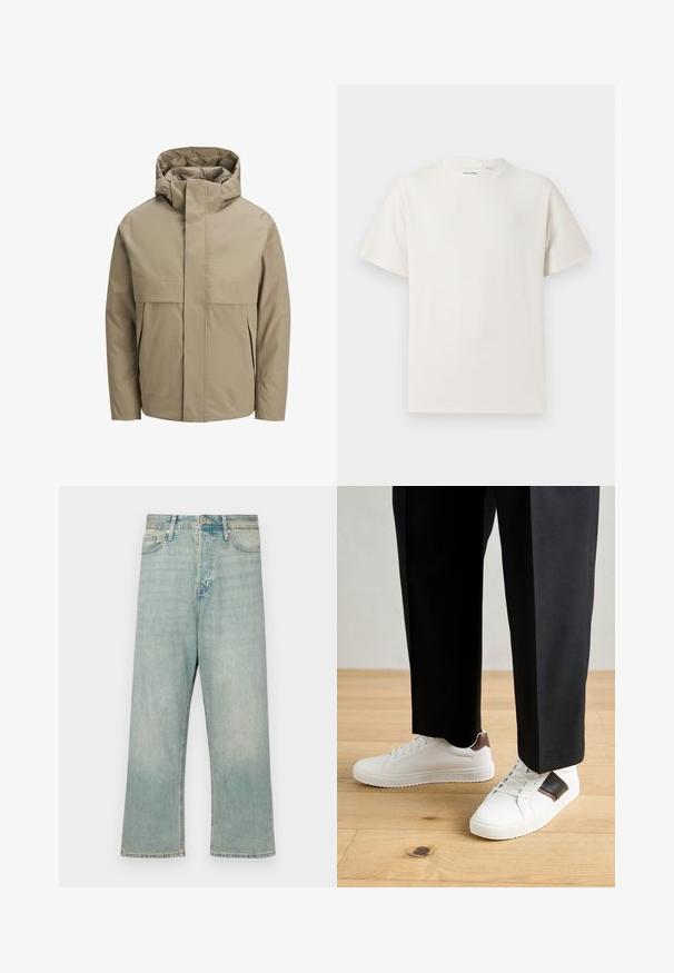 Bežas ūdensnecaurlaidīgs jaka ar kapuci, priekšā rāvējslēdzējs, lielas pārsega kabatas un minimālistisks dizains. Gluda tekstūra un moderns griezums.; Balta krūštura īsām piedurknēm ar ribota auduma faktūru. Apaļš kakla izgriezums, brīvs griezums, bez redzamām rakstām vai akcentiem. Vienkāršs un daudzpusīgs dizains.; Gaiši zili džinsi ar brīvu piegriezumu, taisnām kājām un izbalējušu virsmu; aprīkoti ar klasisku pogu un rāvējslēdzēju.; Baltā pārsoļa apavi ar gludu tekstūru, papildināti ar brūniem ādas akcentiem un melniem elementiem, savienoti ar melnām pielāgotām biksēm. Koka grīdas fons.
