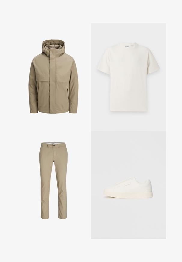 Beige vanntett jakke med hette, utstyrt med glidelås foran, store lommer med klaffer og et minimalistisk design. Jevn tekstur og moderne snitt.; Hvit T-skjorte med kort erm i ribbestrikket tekstur. Rund hals, avslappet passform, ingen synlige mønstre eller detaljer. Enkelt og allsidig design.; Beige bomullsbukser med smal passform, med frontglidelås, knappefeste og fire lommer. Glatt tekstur, ingen mønstre eller detaljer.; Hvite slip-on joggesko med teksturert overflate, tykk såle og minimalistisk design. Har merkevarelogo på siden.