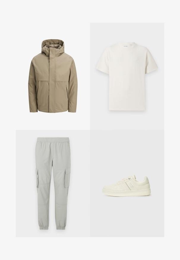 Beige vanntett jakke med hette, utstyrt med glidelås foran, store lommer med klaffer og et minimalistisk design. Jevn tekstur og moderne snitt.; Hvit T-skjorte med kort erm i ribbestrikket tekstur. Rund hals, avslappet passform, ingen synlige mønstre eller detaljer. Enkelt og allsidig design.; Lysegrå cargo bukser med elastisk livlinje, smalnet ankel, to sidelommer og to store sidelommer. Glatt stofftekstur.; Kremfargede sneakers med perforerte detaljer, snøring og logo på siden, vist mot en enkel hvit bakgrunn.