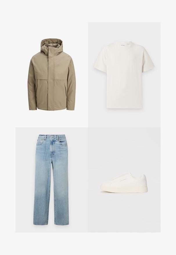 Giacca impermeabile beige con cappuccio, dotata di una zip frontale, grandi tasche con patta e un design minimalista. Texture liscia e taglio moderno.; T-shirt bianca a maniche corte in texture a coste. Girocollo, vestibilità rilassata, senza modelli o accenti visibili. Design semplice e versatile.; Jeans in denim azzurro chiaro a gamba dritta con vita alta, dotati di cinque tasche e un leggero sbiadimento. Orlo grezzo e dettagli di cucitura a contrasto.; Sneakers bianchi slip-on con superficie texturizzata, suola spessa e design minimalista. Presentano il logo del marchio sul lato.