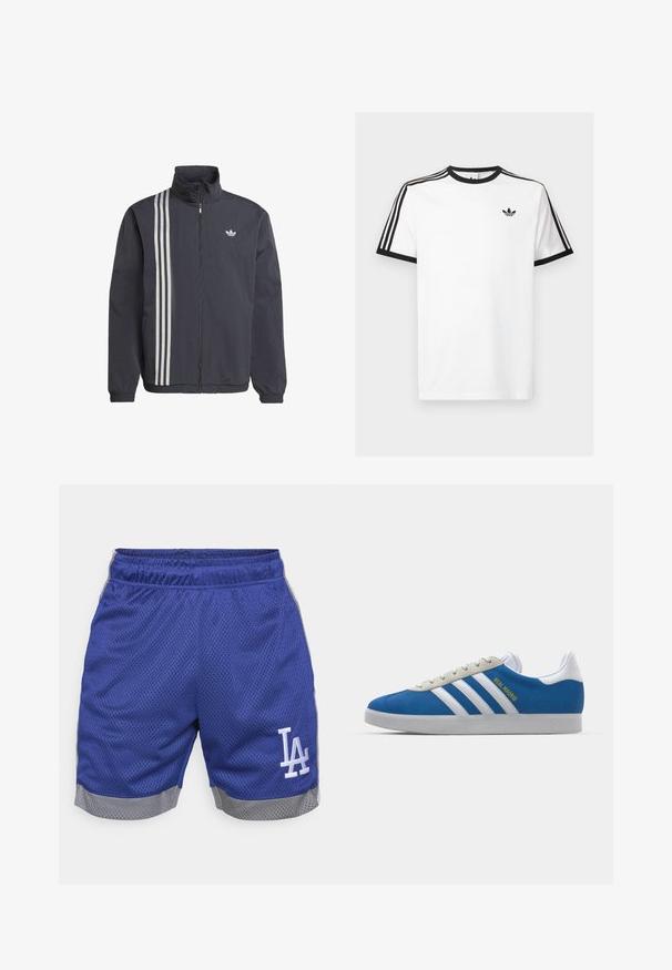 Svart zip-up jacka med hög krage, med tre vita vertikala ränder på vänster sida och en liten logotyp på bröstet. Lättviktsmaterial.; Vit bomullströja med svart ribbad halsringning och ärmar, med tre svarta ränder på varje axel och en liten logotyp på bröstet.; Blå nät sportshorts med grå trim. Har ett elastiskt midjeband och en vit "LA"-logotyp på vänster ben. Lätt och andningsbart tyg.; adidas Originals ADIDAS GAZELLE SHOES - Inomhusfotbollsskor - real madrid/bluebird/footwear white/crew yellow